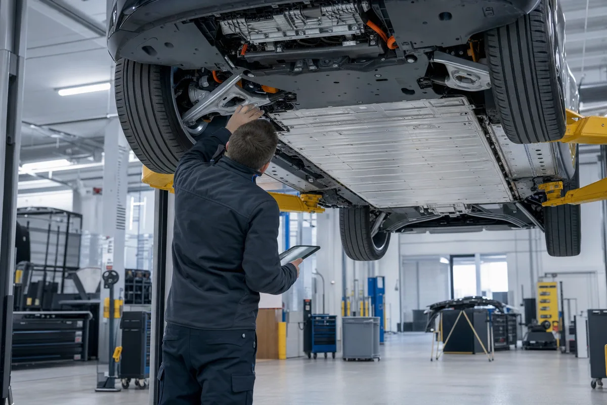 Expert en assurance examinant le compartiment batterie d&rsquo;une voiture électrique en atelier