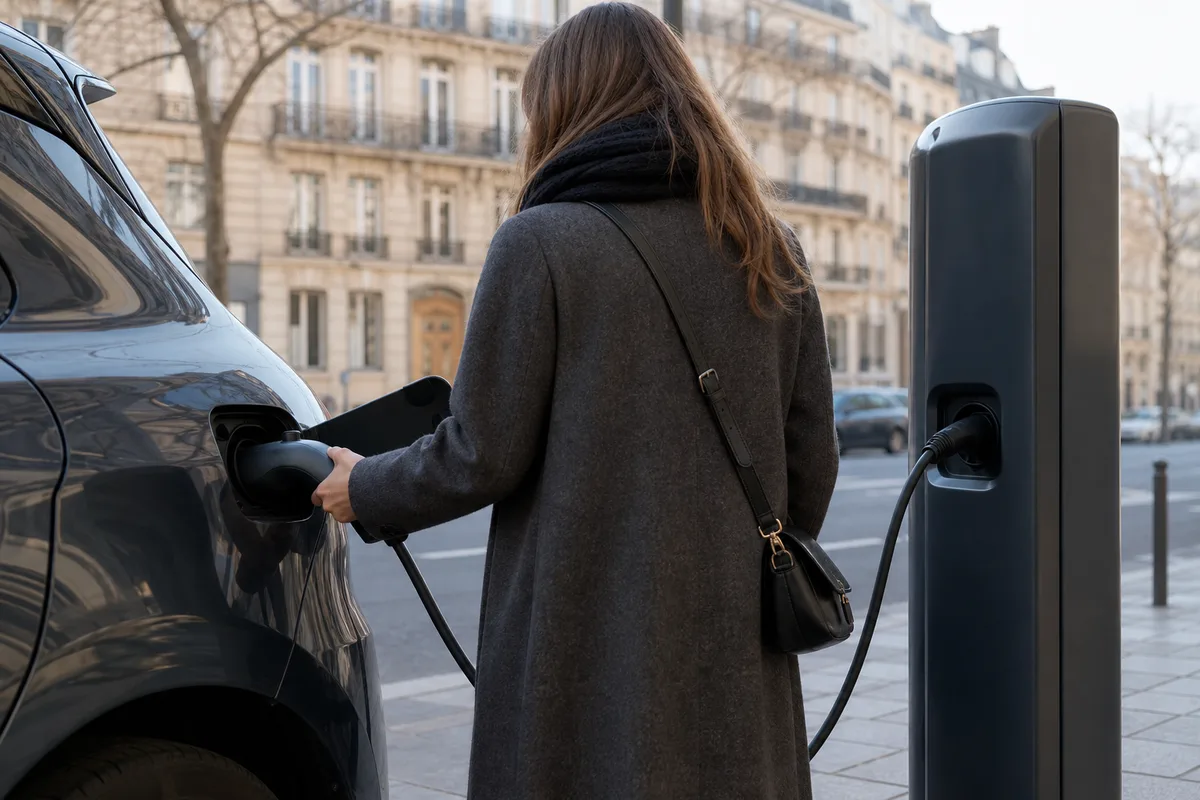 Conductrice branchant son véhicule électrique sur une borne de recharge publique en ville
