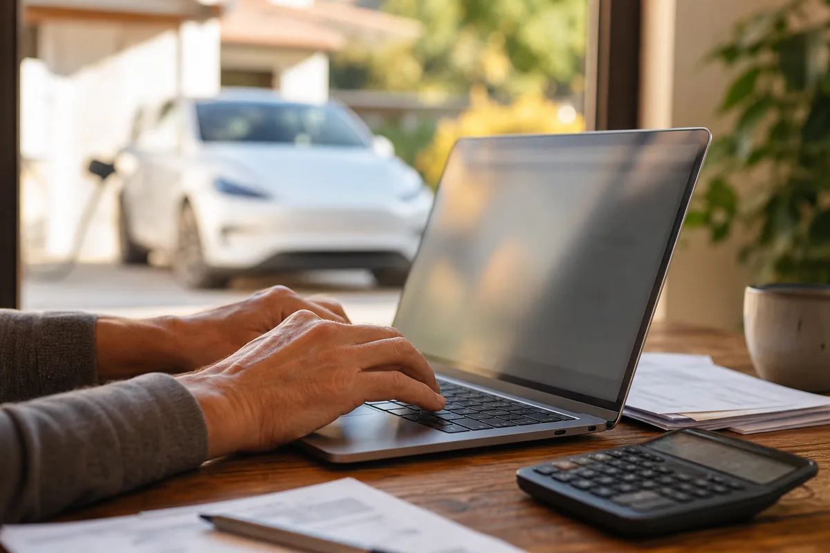 Propriétaire comparant des devis d&rsquo;assurance sur son ordinateur portable, voiture électrique visible par la fenêtre