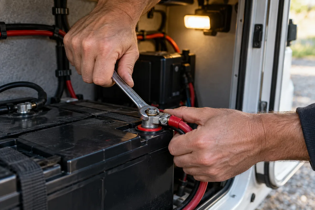 Mains serrant une cosse sur la borne d’une batterie dans une soute de camping-car