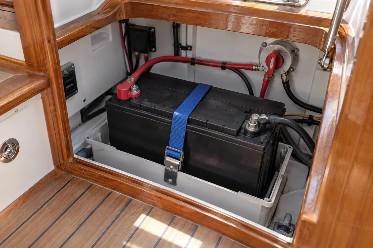 Batterie sanglée dans le coffre technique d’un voilier avec câbles rouge et noir
