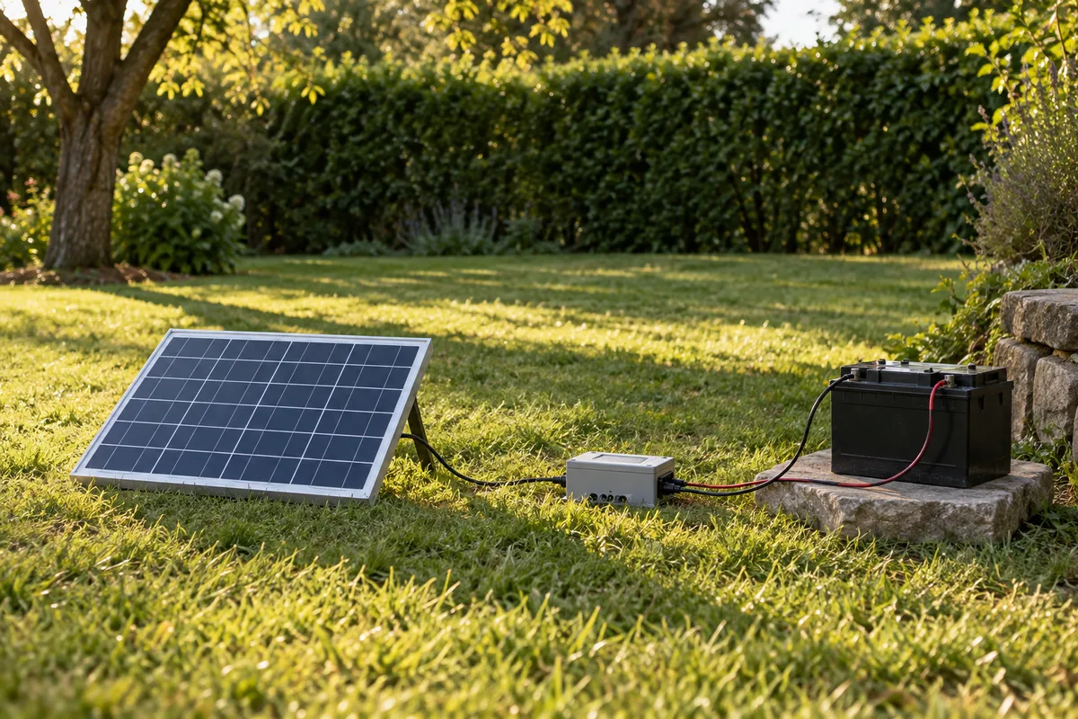 Petit panneau solaire posé au sol dans un jardin et relié à une batterie