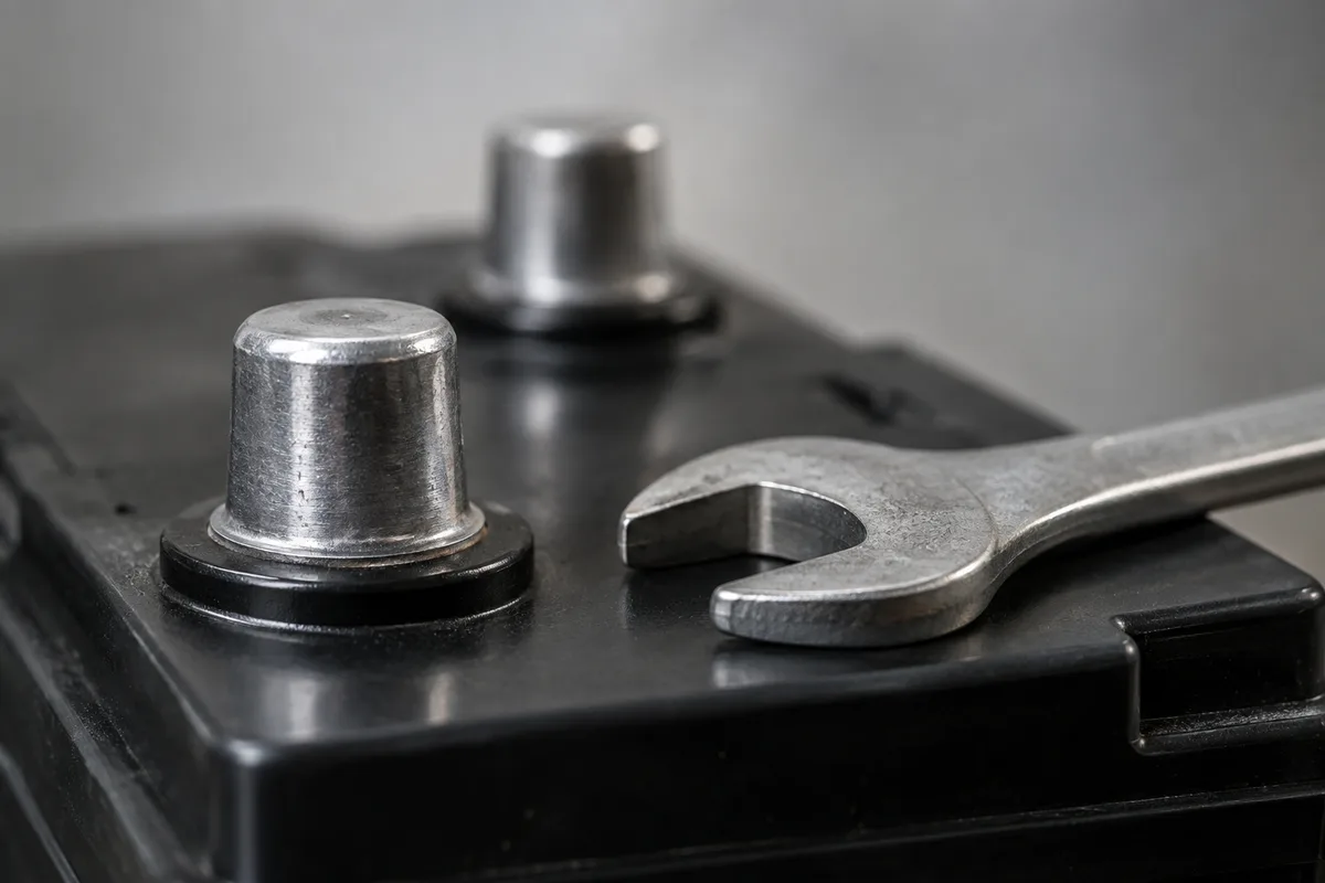 Gros plan sur les bornes propres d’une batterie avec une clé plate posée à côté