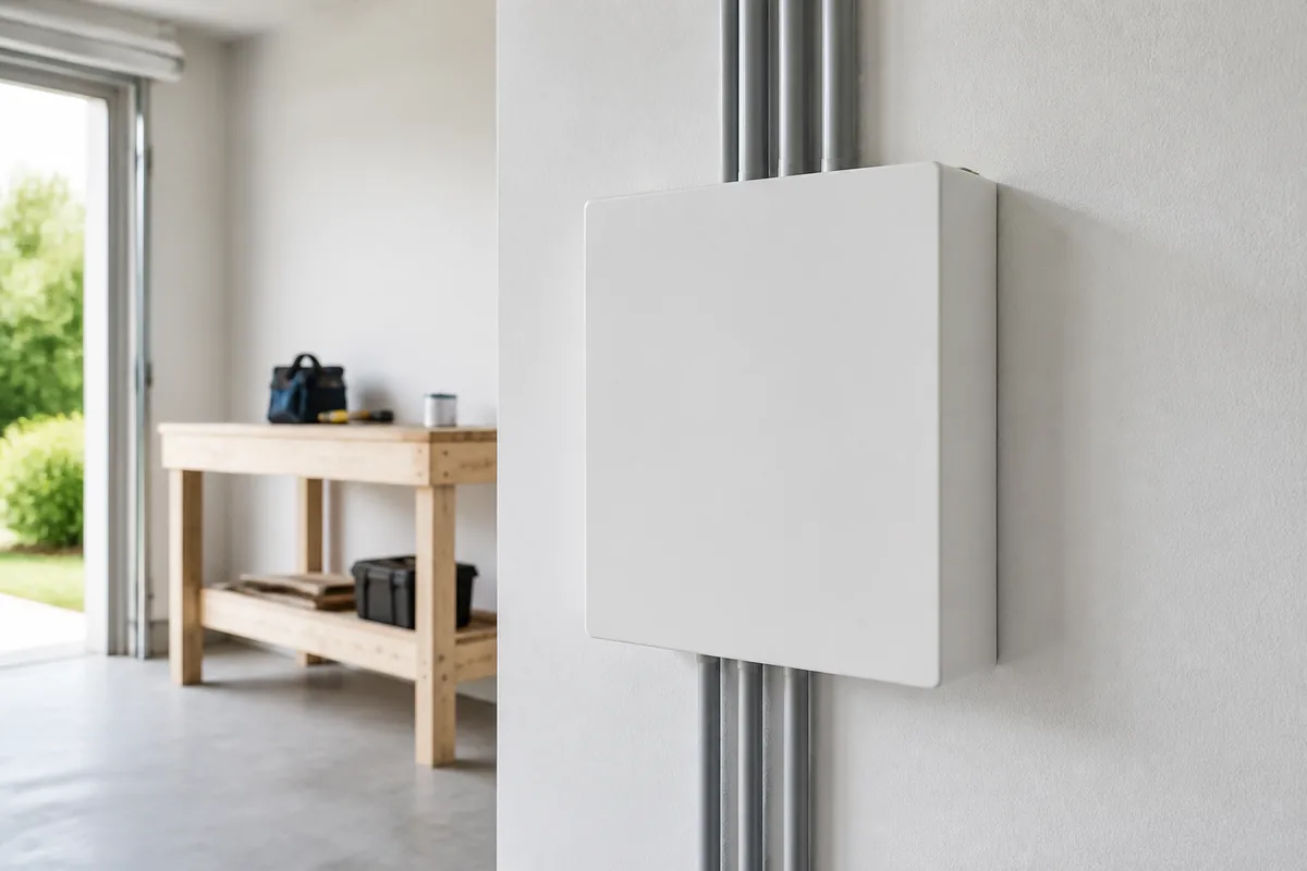 Coffret électrique mural fermé dans un garage résidentiel clair