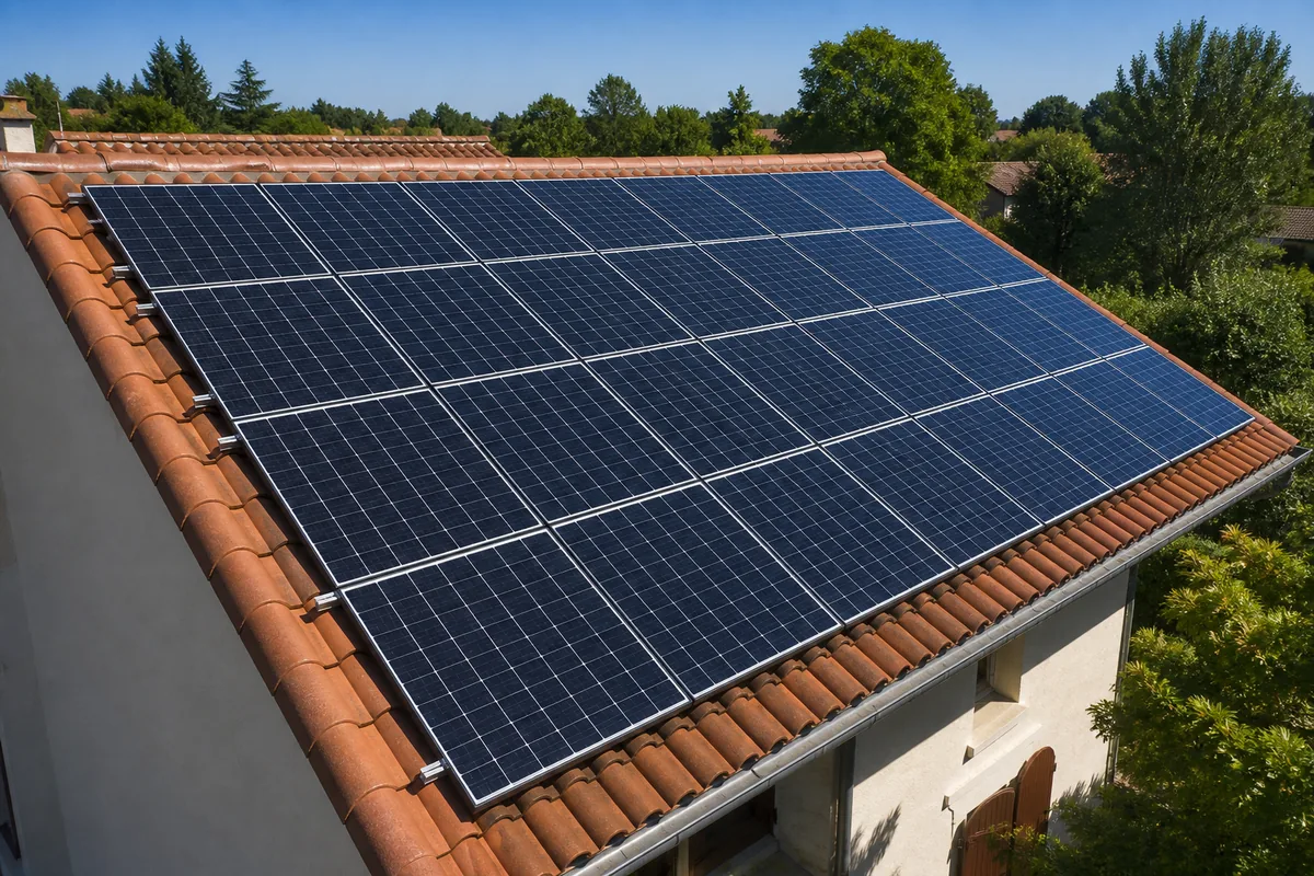 Panneaux photovoltaïques sur une toiture en tuiles rouges par temps clair
