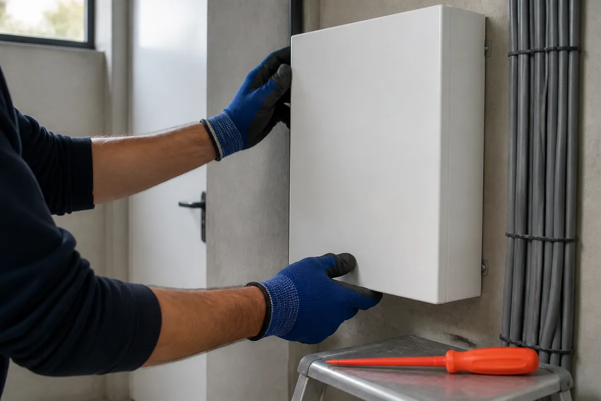 Mains gantées ajustant un coffret mural blanc dans un local technique