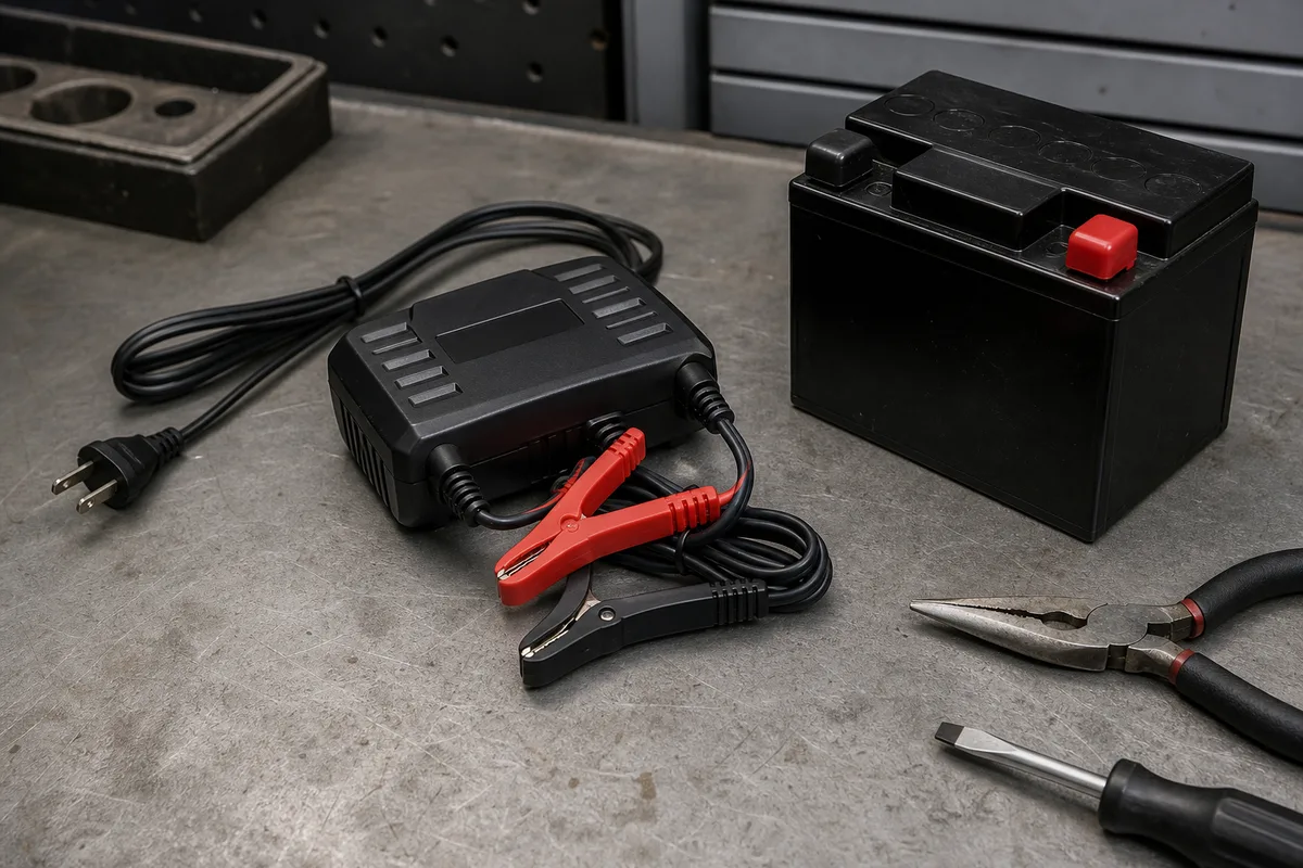 Chargeur de batterie moto posé sur un établi d’atelier à côté d’une batterie compacte