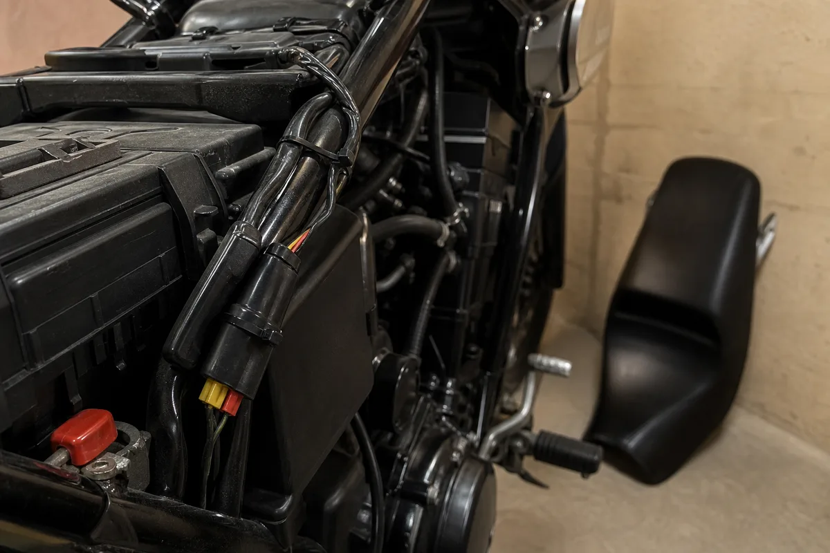 Faisceau à cosses à œillet monté sur une batterie de moto, connecteur ressorti sous la selle