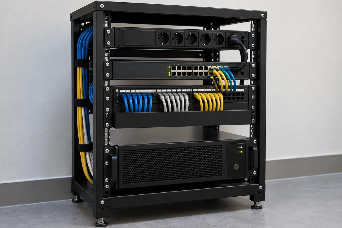 Petit rack informatique de bureau avec un onduleur installé en partie basse