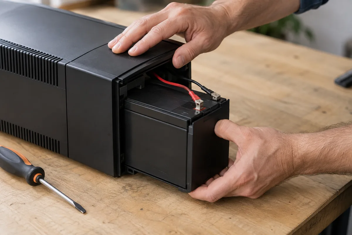 Mains ouvrant la trappe d&rsquo;un onduleur pour en sortir une batterie plomb scellée