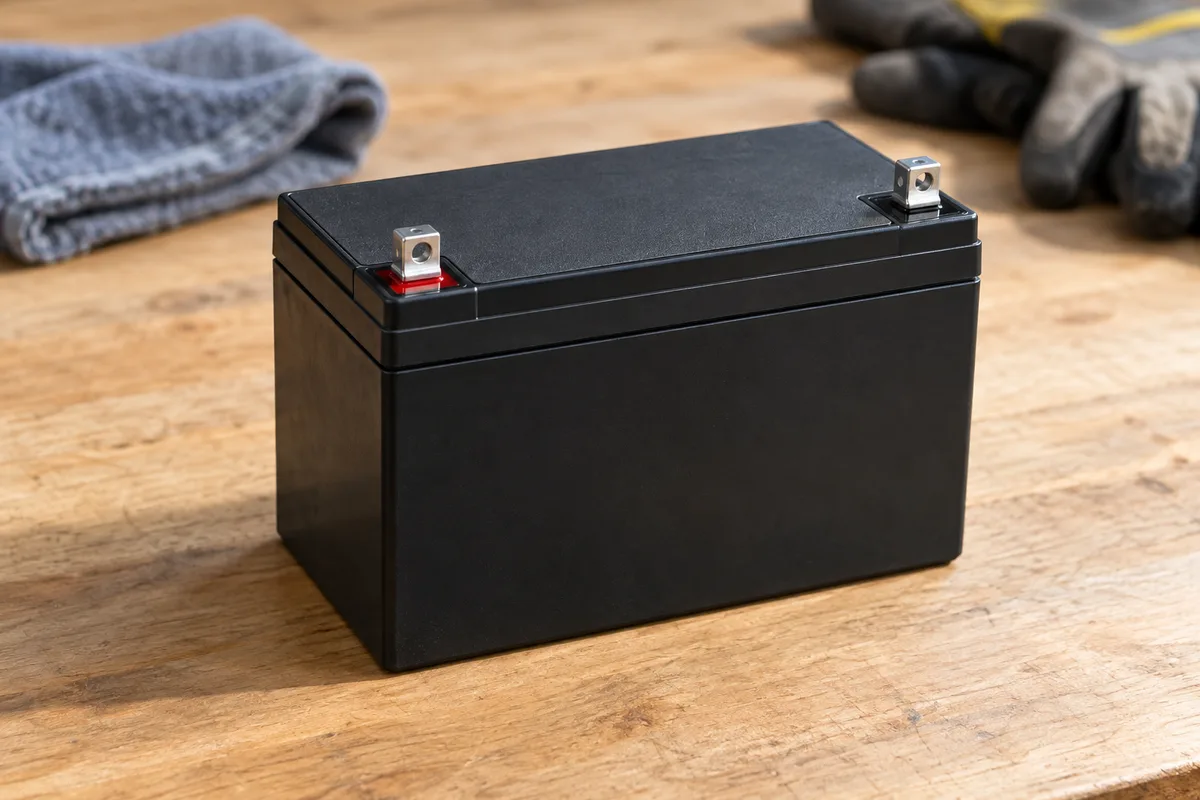 Gros plan sur une batterie noire scellée posée sur un établi en bois propre