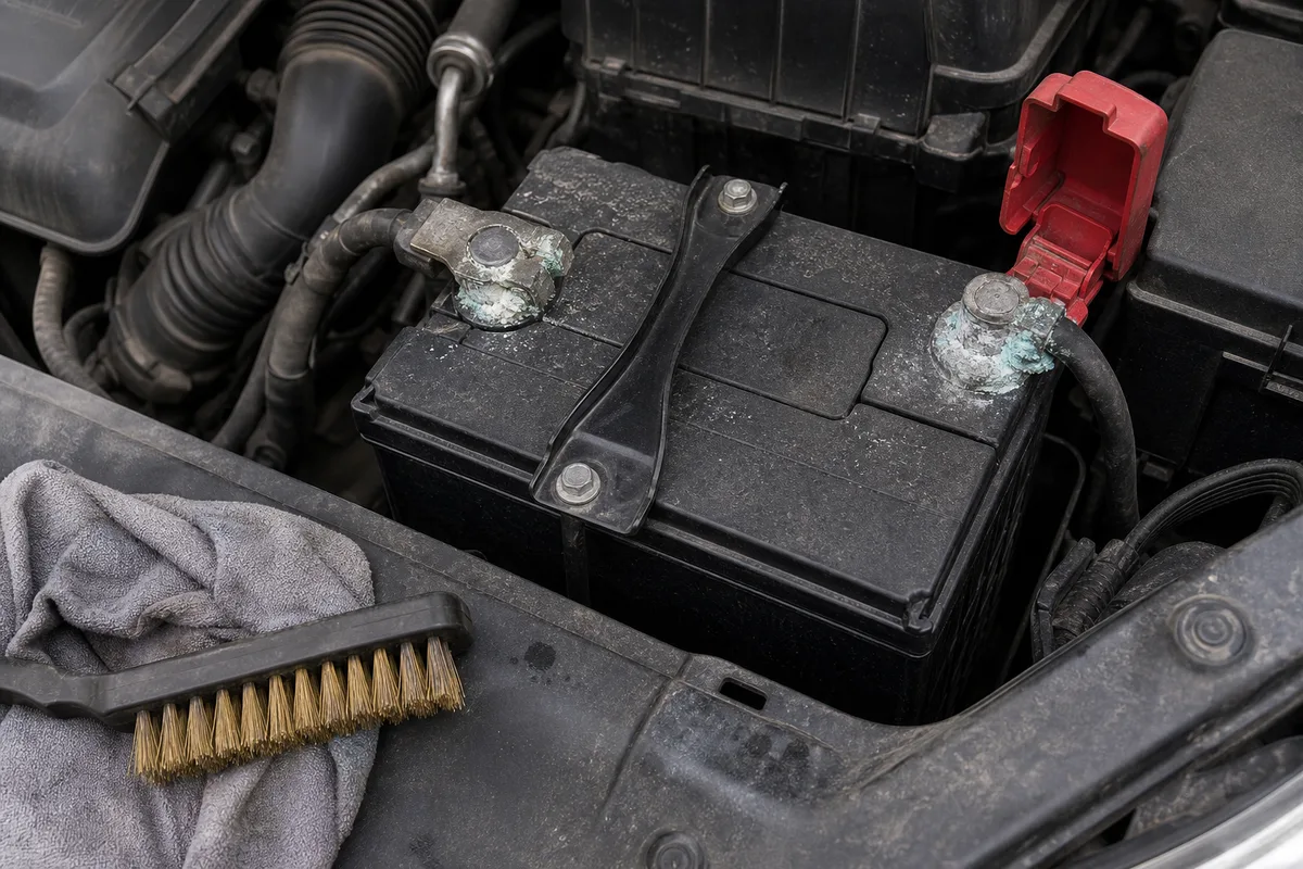 Capot ouvert sur une batterie de voiture aux bornes couvertes de dépôt blanchâtre