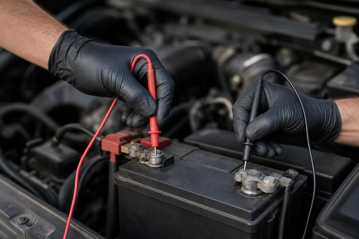 Mains gantées appliquant les sondes d&rsquo;un multimètre sur les bornes d&rsquo;une batterie