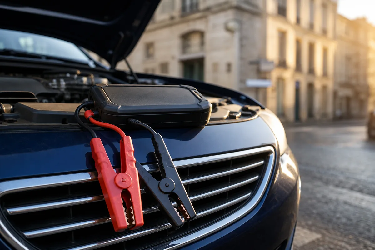 Booster lithium portable posé sur le pare-chocs d&rsquo;une berline garée dans une rue