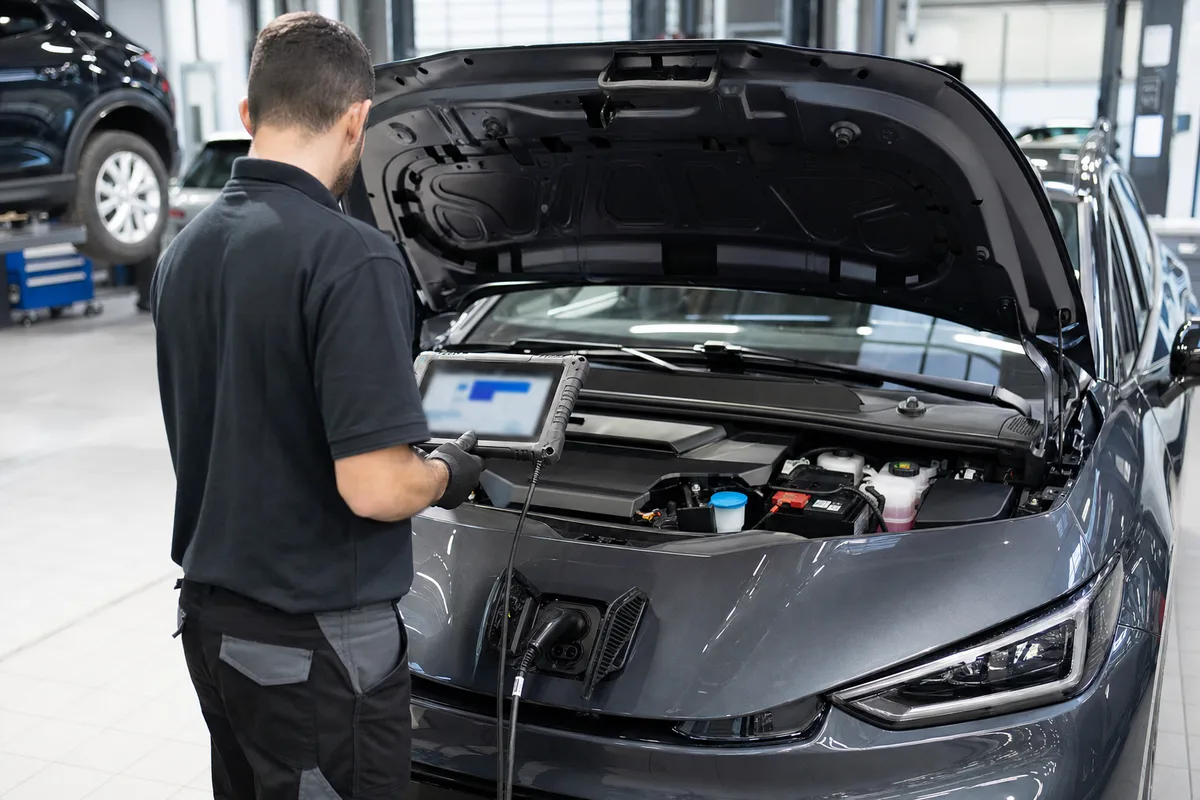 Technicien contrôlant l&rsquo;état de santé d&rsquo;une batterie de voiture électrique avec une valise de diagnostic