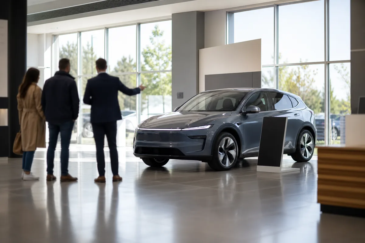 Conseiller expliquant les conditions de garantie à un couple devant une voiture électrique en concession