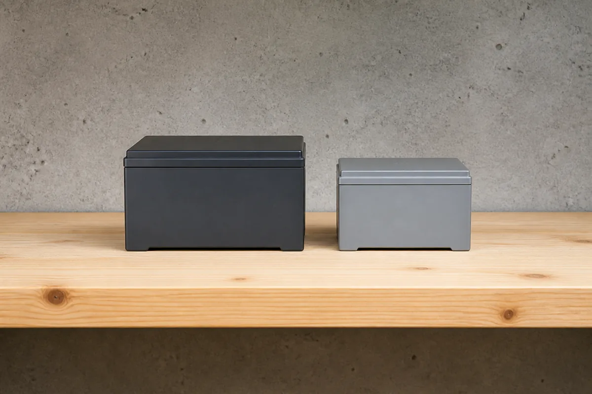 Pack de batterie à coque plastique lisse posé sur un établi en bois brut