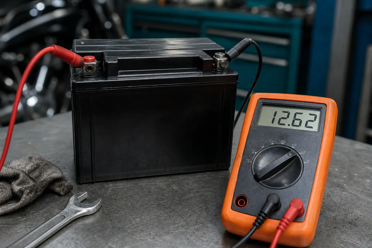 Multimètre affichant la tension d&rsquo;une batterie de moto posée sur un établi d&rsquo;atelier