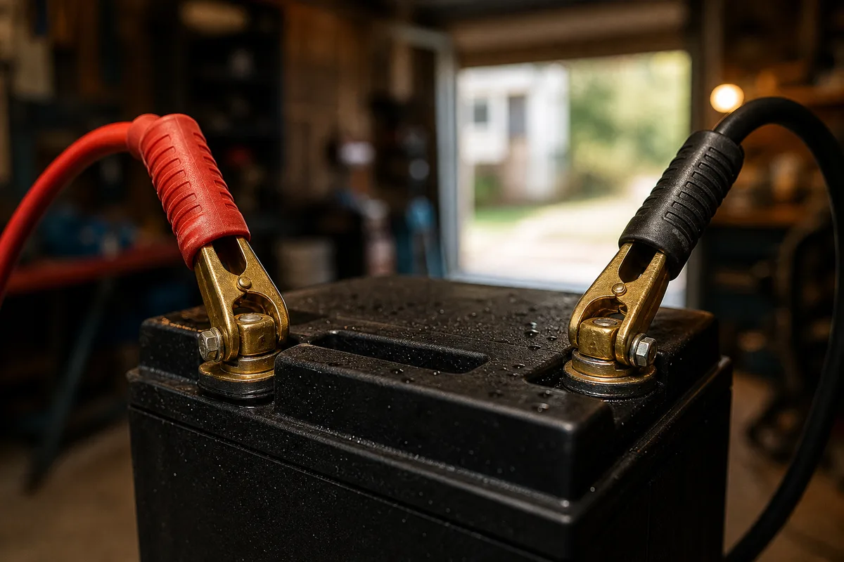 Pinces d&rsquo;un chargeur intelligent reliées aux bornes d&rsquo;une batterie de moto dans un garage ventilé