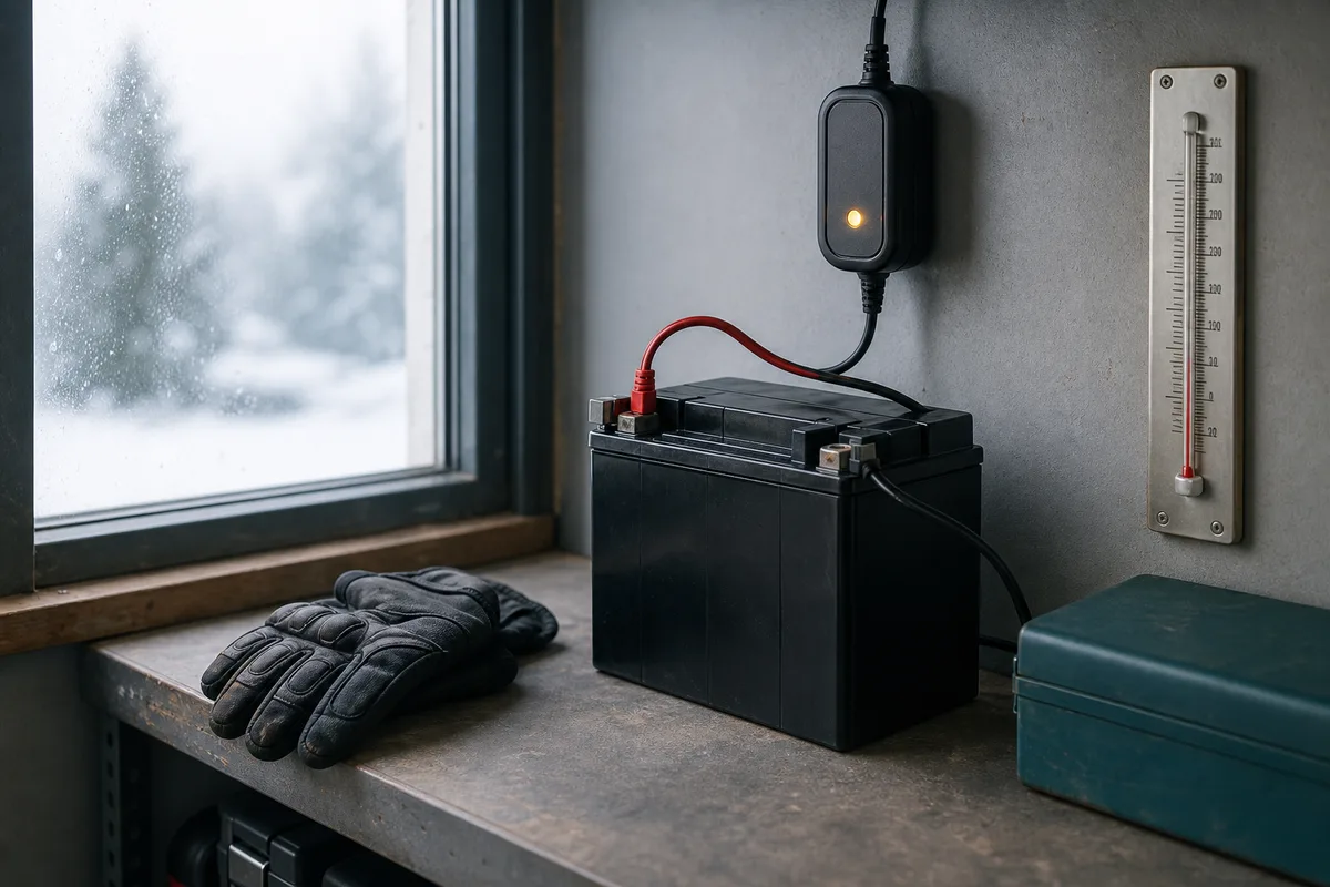 Batterie de moto reliée à un chargeur de maintien sur un établi pendant un hivernage