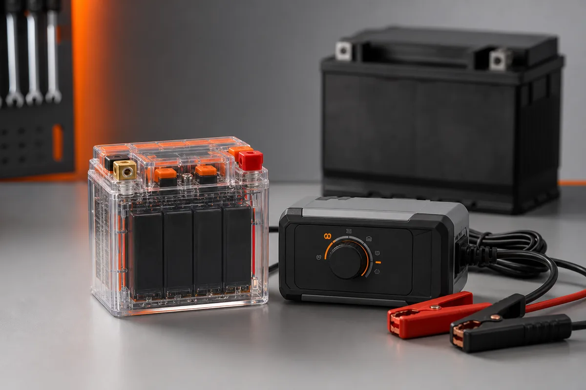 Batterie moto lithium LiFePO4 compacte posée à côté d&rsquo;un chargeur portant un mode lithium dédié