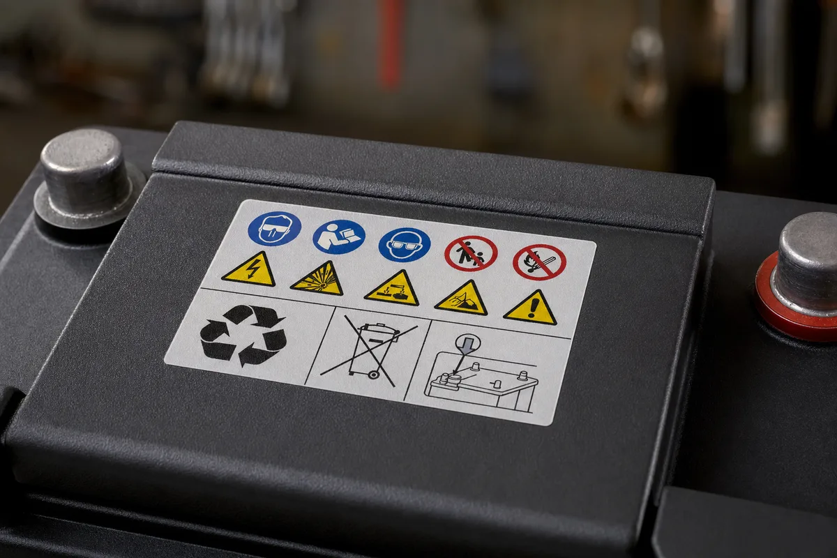 Étiquette d&rsquo;une batterie de voiture montrant des marquages techniques, gros plan sur le boîtier en atelier