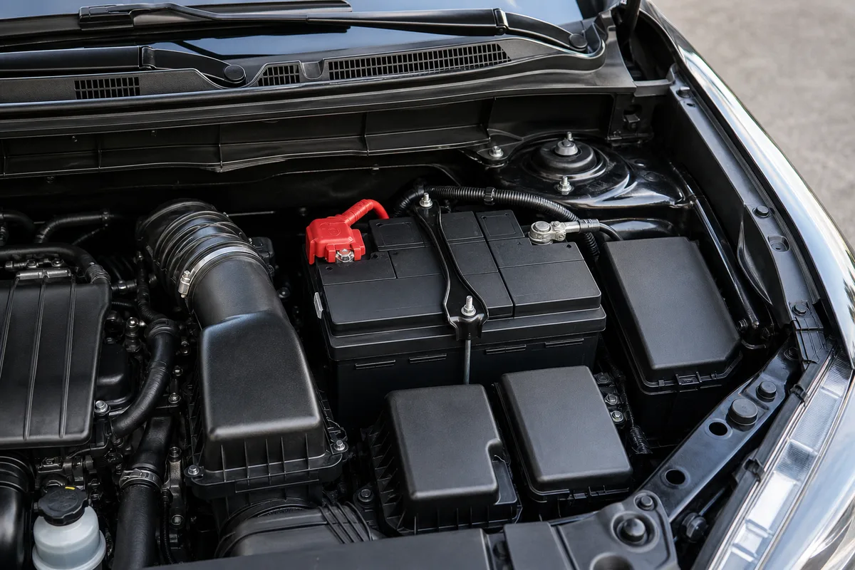 Nouvelle batterie de voiture fraîchement installée dans le compartiment moteur, câbles bien rangés