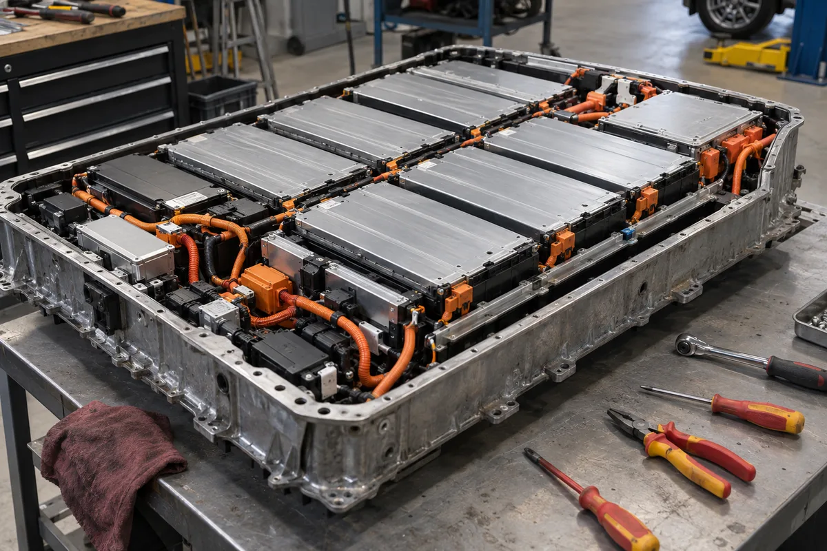 Pack de batterie ouvert sur un établi montrant des modules alignés