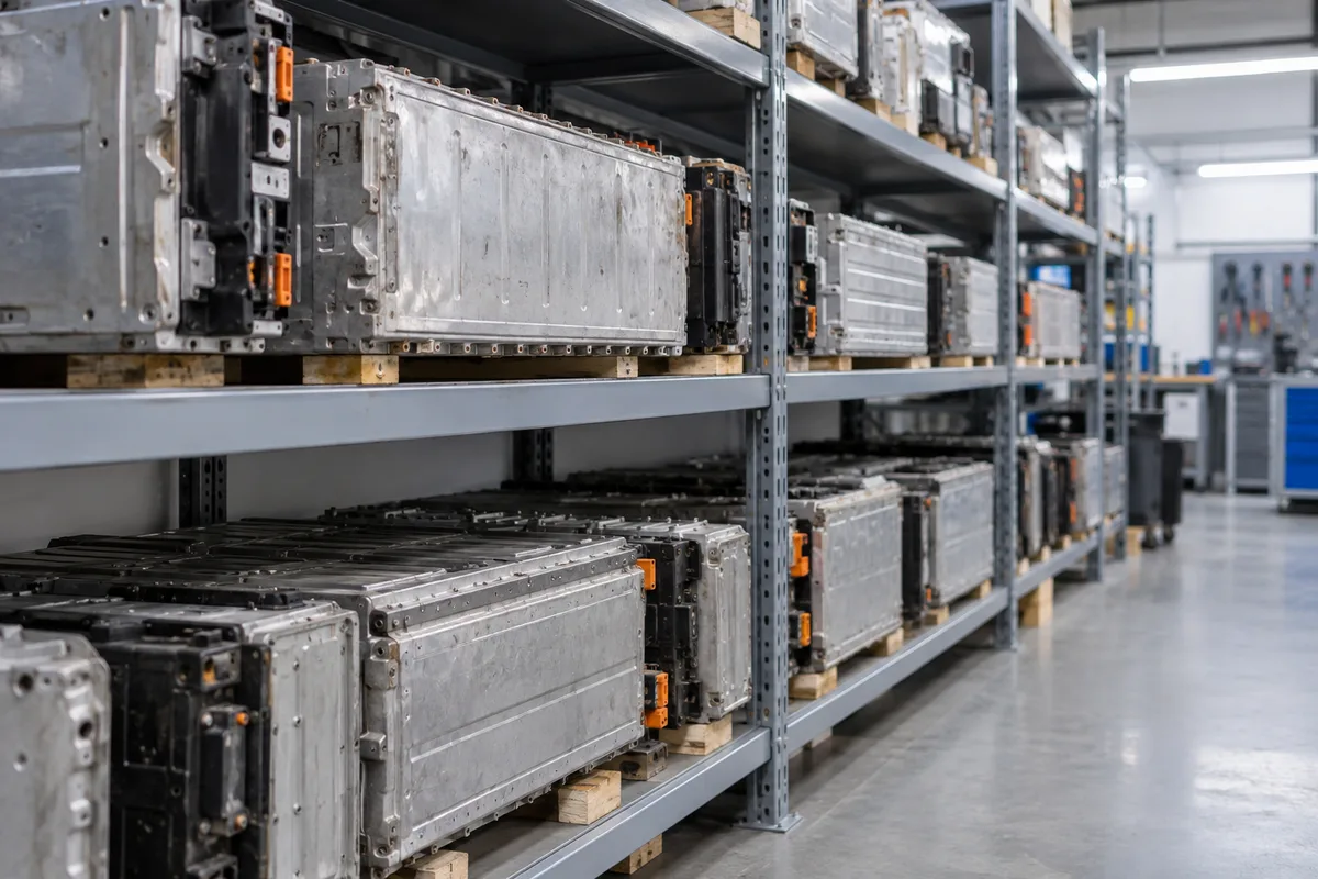 Modules de batterie usagés triés sur des étagères